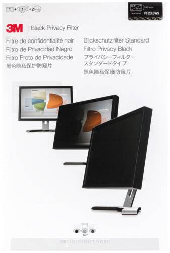Černý privátní filtr pro monitory, znázorňující přední a boční pohled na obrazovku, který poskytuje soukromí.