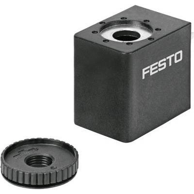 Černá, obdélníková součástka Festo s odnímatelným kulatým víkem, používaná v automatizační technice.