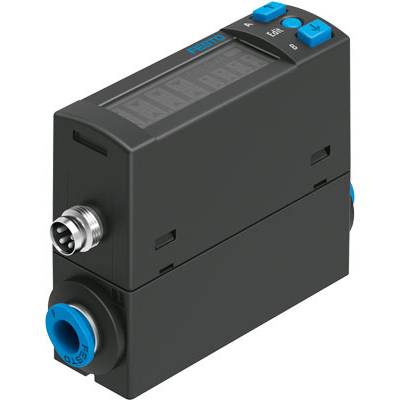 Černý elektronický průtokoměr s LCD displejem a modrými ovládacími tlačítky určený pro měření a regulaci plynných toků.
