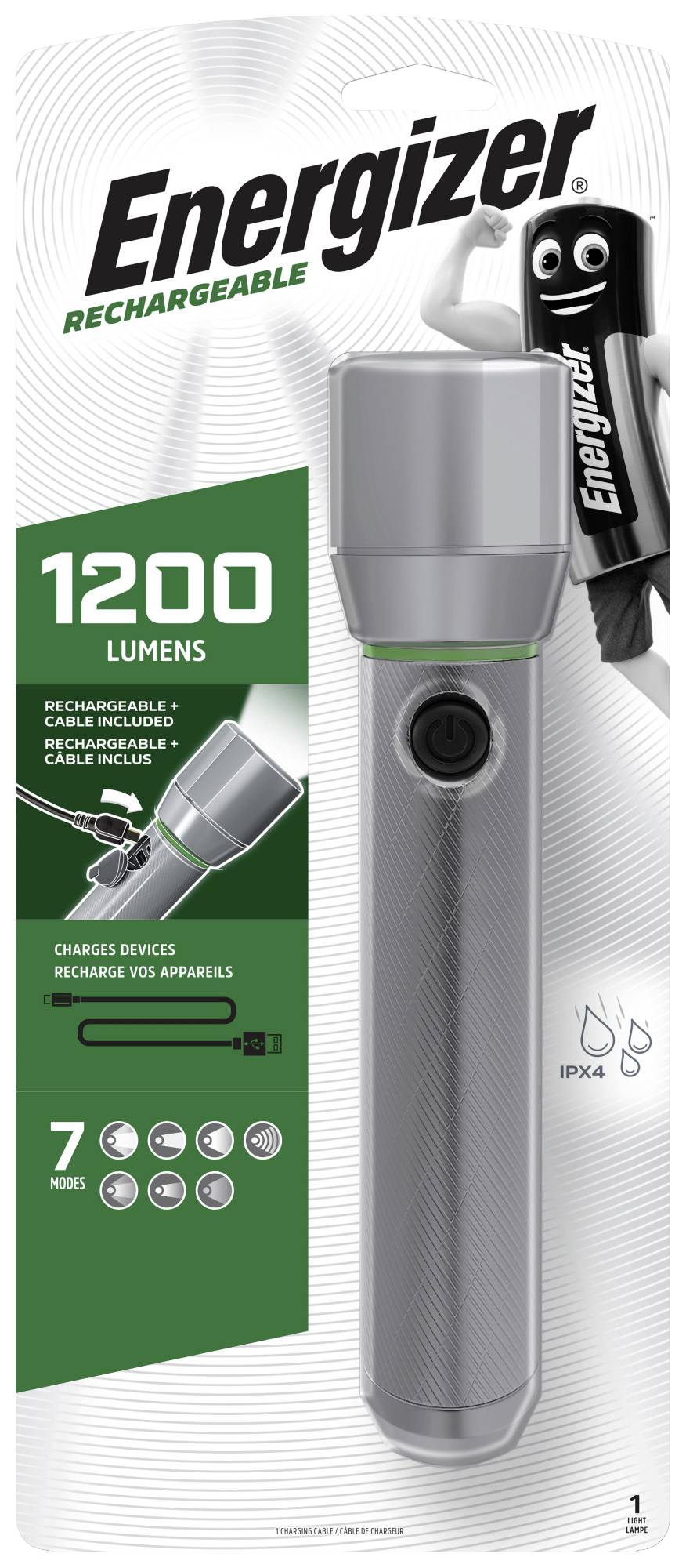 Nabíjecí svítilna od Energizeru, stříbrná, 1200 lumenů, dobíjitelná, s vodotěsností IPX4, 7 provozními režimy a schopností nabíjet další zařízení.