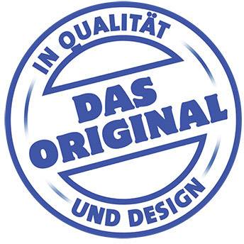 Modrý kruh s nápisem 'V kvalitě a designu. Originál.' velkými písmeny.