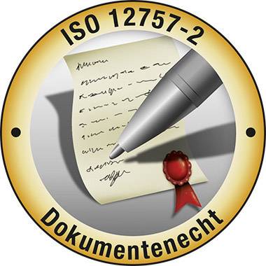 Kulatý tlačítko s textem 'ISO 12757-2 Dokumentární stálost'. Na obrázku je popsaný lístek, pero a červená pečeť.