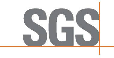 Obrázek zobrazuje logo společnosti 'SGS', které se skládá z velkých šedých písmen. Tenká oranžová linie se táhne horizontálně skrz logo.