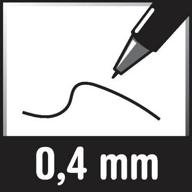 Hrot pera nad nakreslenou čarou s nápisem '0,4 mm' ukazuje tloušťku čáry, kterou pero dokáže vytvořit.