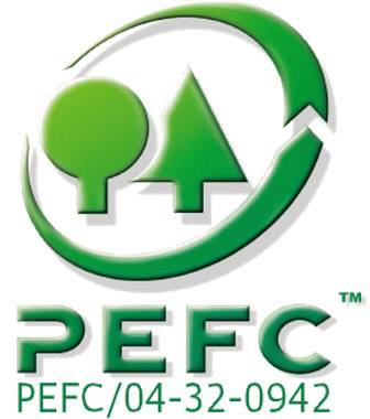 Logo PEFC: Zelený kruh se symbolem stromu a trojúhelníku uvnitř, pod ním číslice PEFC/04-32-0942.