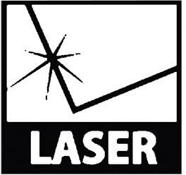 Černý symbol s diagonálním laserovým paprskem a hvězdou před bílým pozadím. Pod ním text 'LASER'. Označení nebezpečí laserového záření.