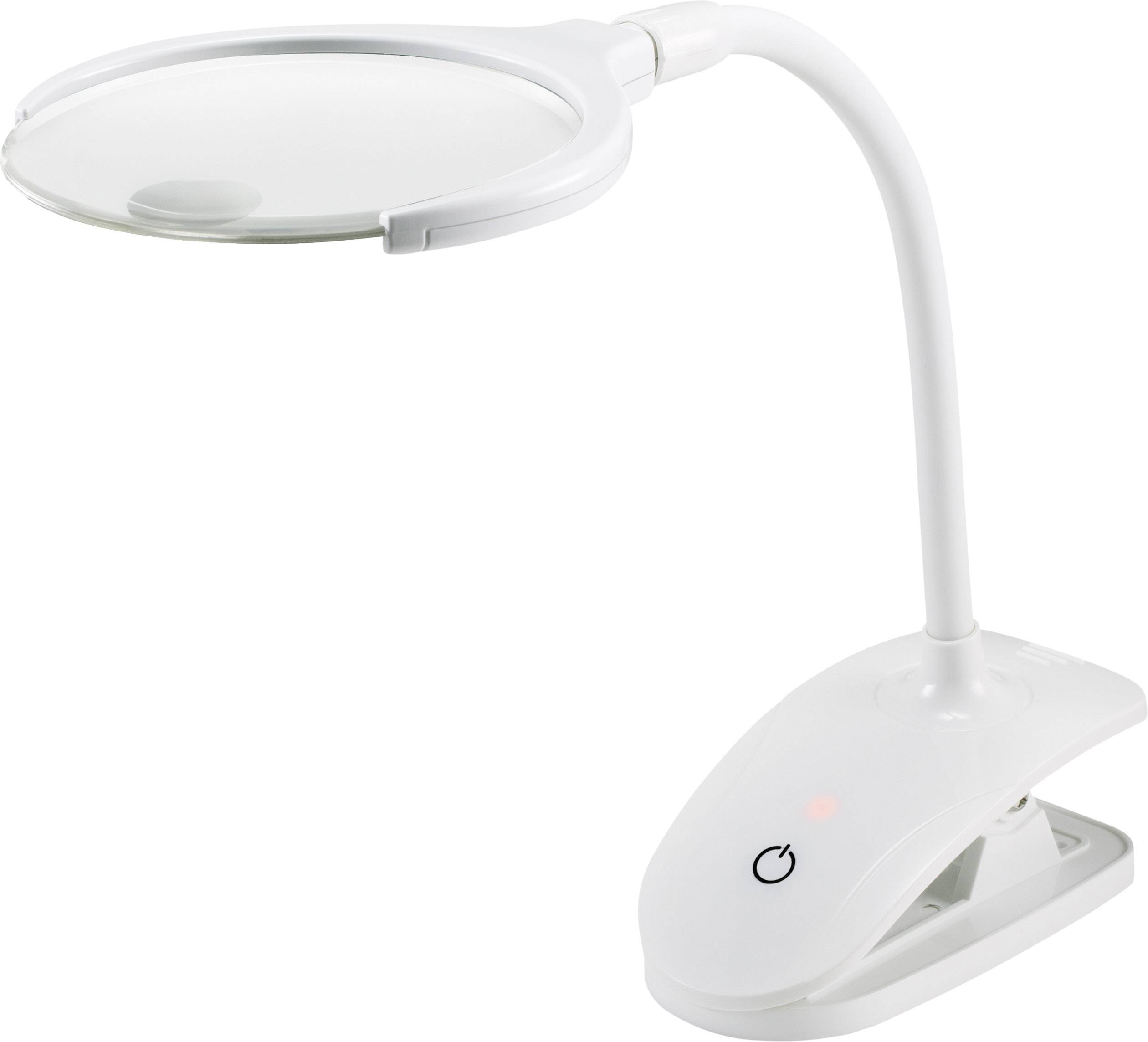 Bílá LED lupa se světlem s flexibilním ramenem a základnou. Lupa má zvětšovací sklo umístěné nahoře, vhodná pro práce vyžadující přesné detaily.