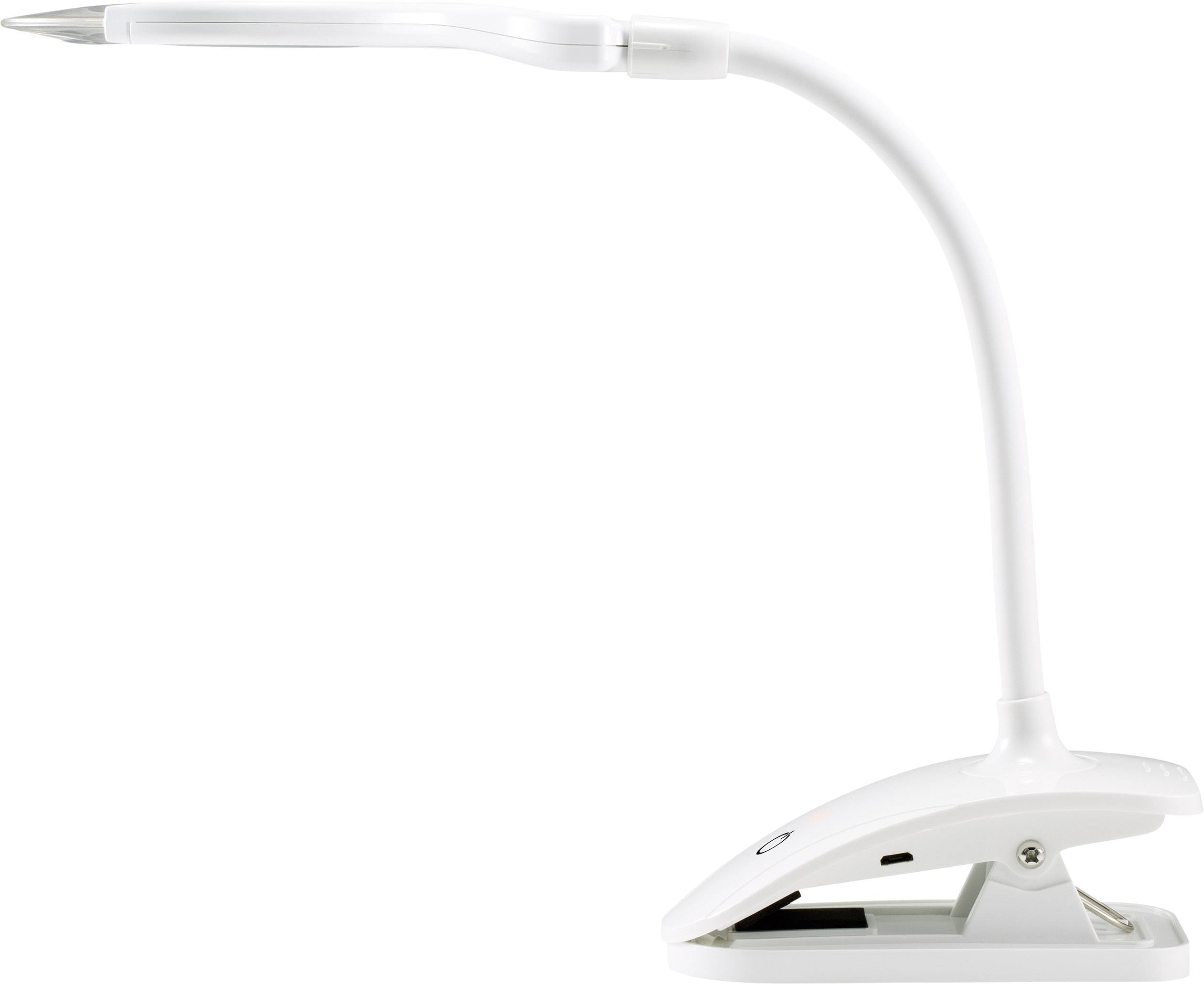 Flexibilní bílý držák stolní lampy se svorkou a krkem labutího typu, vhodný pro upevnění na různé povrchy.