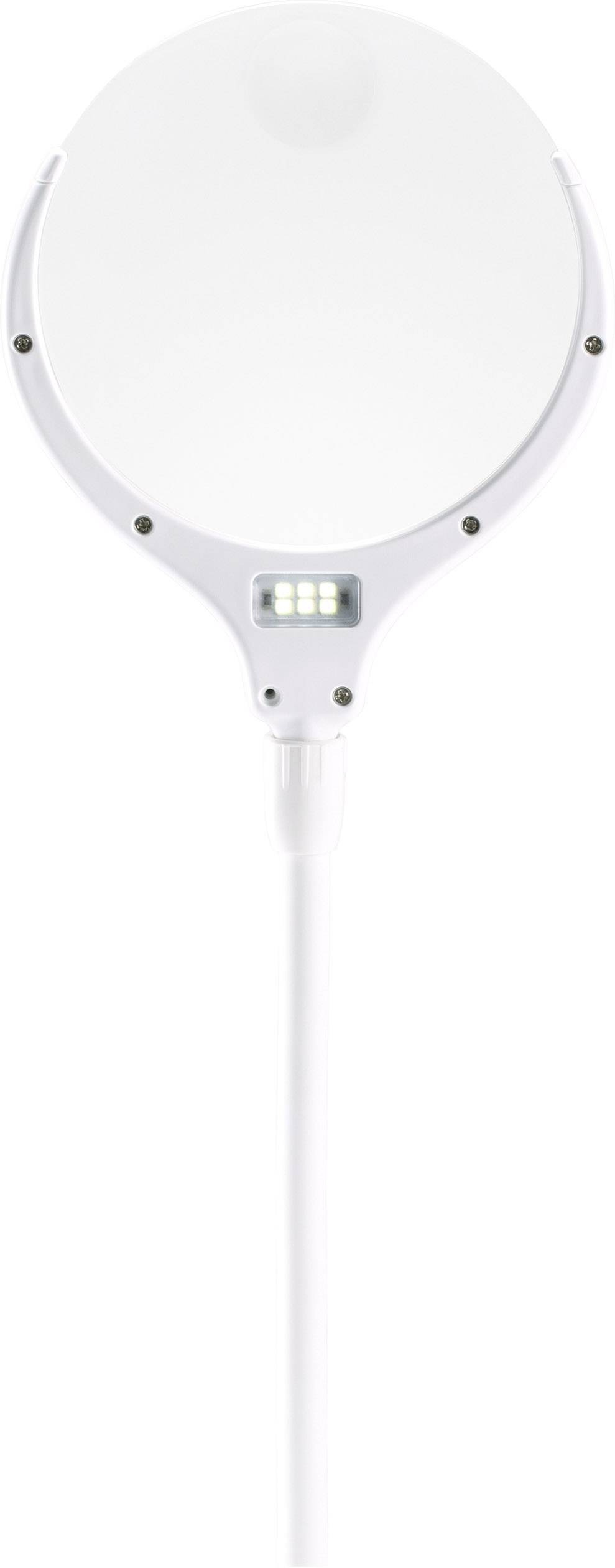 Kulatý, bílý elektronický přístroj s integrovaným světlem a kabelem. Pravděpodobně se jedná o nabíječku nebo lampu.