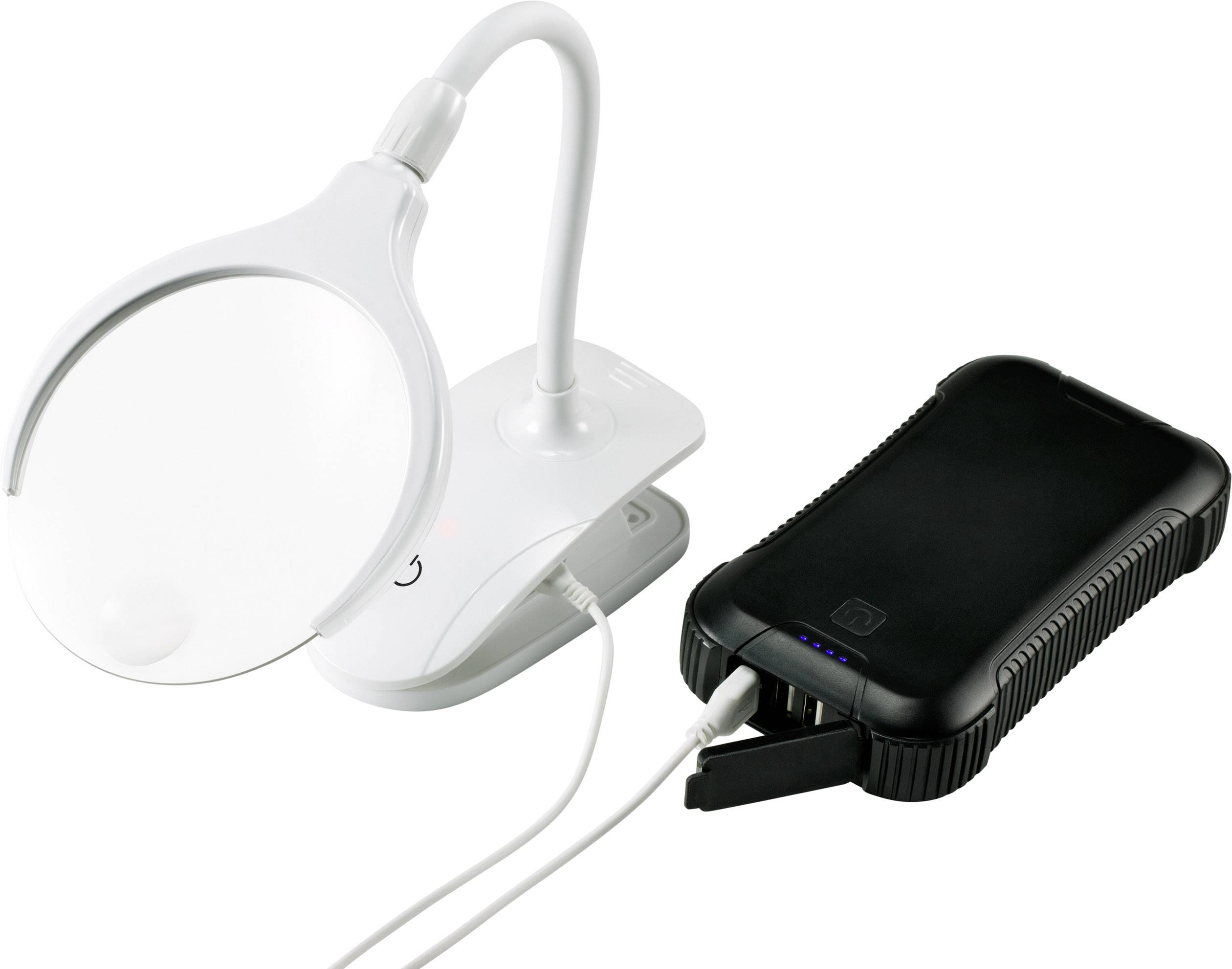 Přenosná LED lampa s lupou, propojená s powerbankou pomocí USB kabelu. Ideální pro přesné práce nebo cestování.