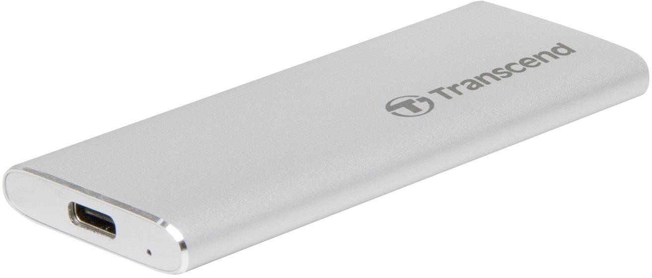 Externí SSD Transcend ve stříbrné barvě, obdélníkového tvaru, s připojením USB-C.