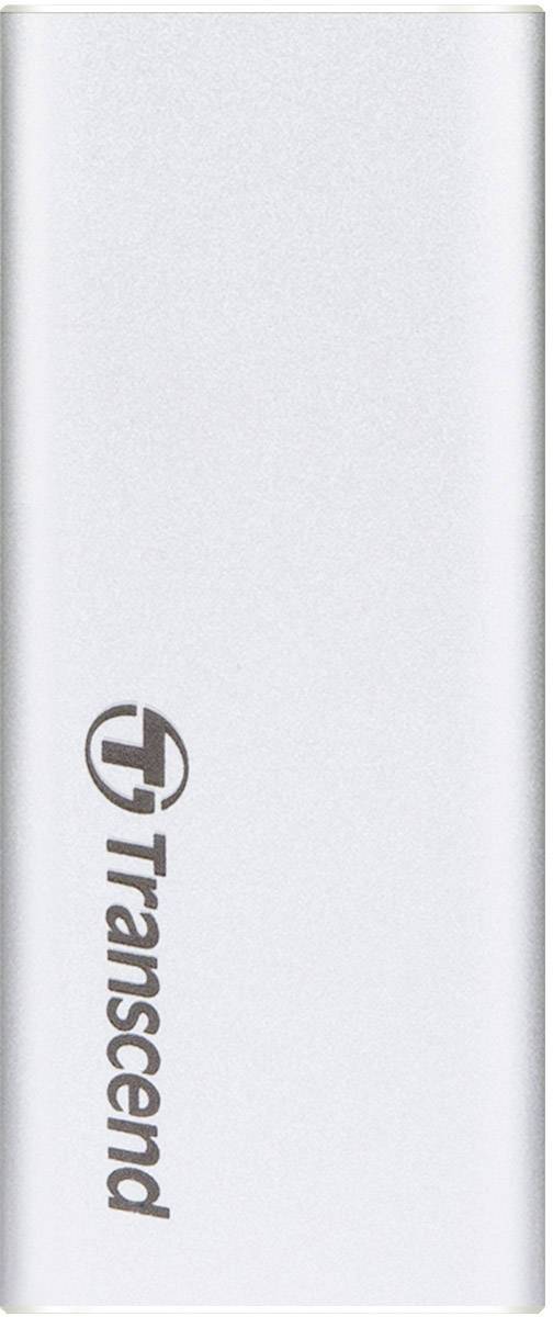 Externí stříbrný SSD disk s logem 'Transcend'.
