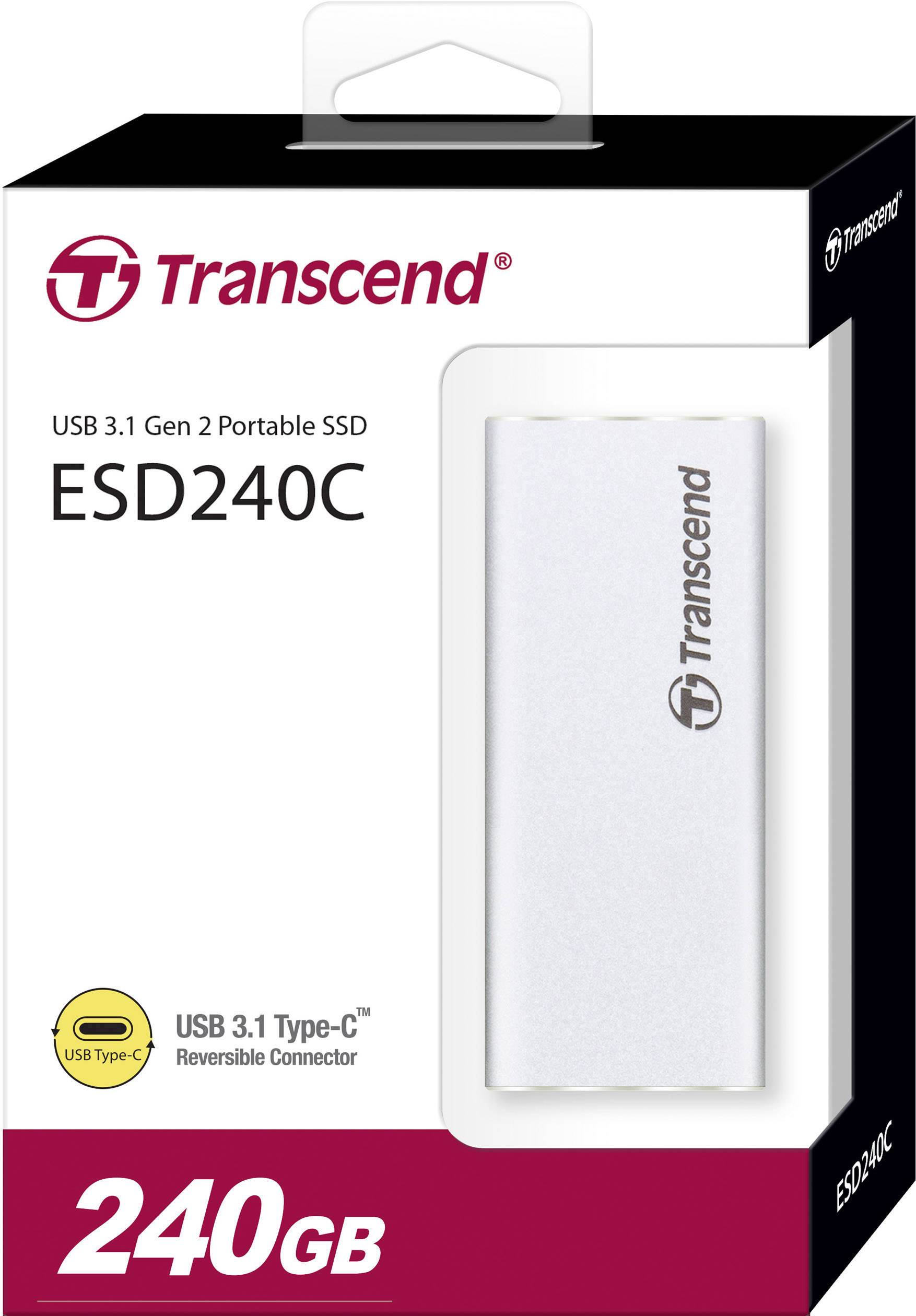 Transcend ESD240C přenosný SSD, 240 GB, USB 3.1 Typ-C, zobrazený v bílém obalu.