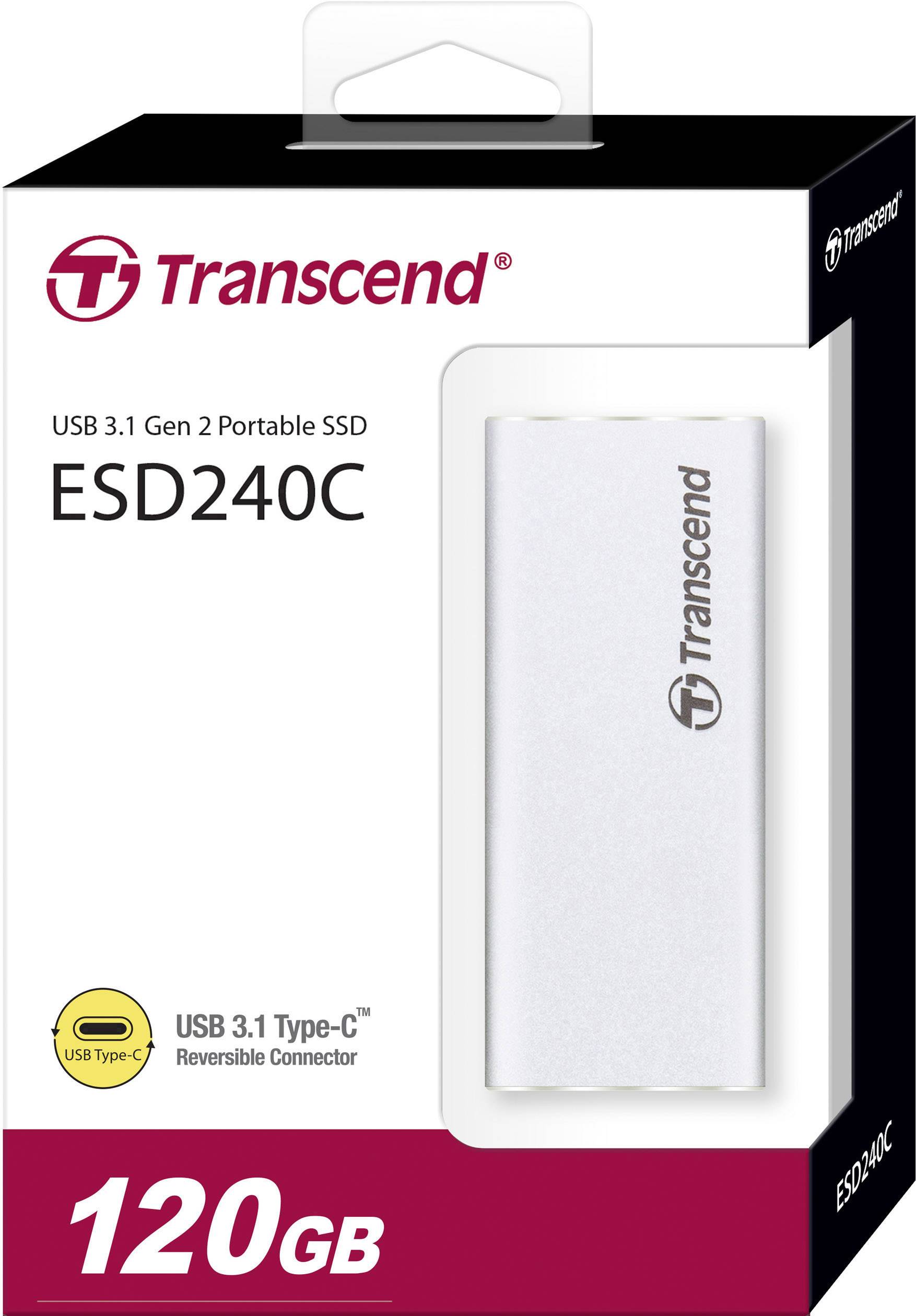 Transcend ESD240C přenosný SSD disk o kapacitě 120 GB, USB 3.1 Gen 2, s konektorem Typ-C. Balení zobrazuje obrázek produktu a technické specifikace.