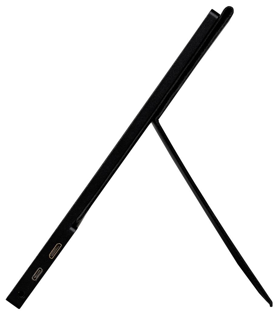 Notebook z boku s otevřeným víkem a stabilizační podpěrou. Na levé straně jsou viditelné konektory.