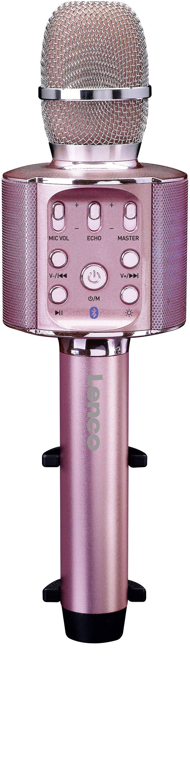 Růžový karaoke mikrofon s vestavěnými reproduktory a ovládacími prvky na přední straně, vhodný pro pěvecká vystoupení.