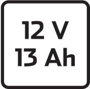 Na černém pozadí '12 V 13 Ah'.