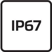 Černý čtverec s bílým textem 'IP67', znázorňující stupeň ochrany proti prachu a vodě.