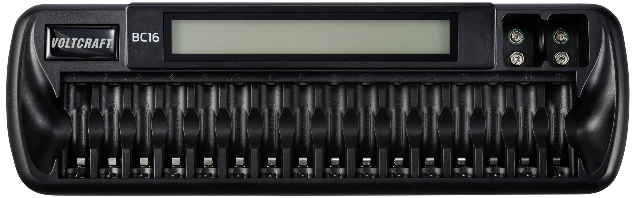 Nabíjecí zařízení s 12 pozicemi pro baterie, LCD displejem a dvěma tlačítky v pravém horním rohu pro nastavení. Značka 'Voltcraft BC16'.