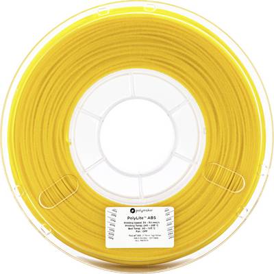 Žlutá cívka s 3D tiskového filamentu, označená jako 'PolyLite ABS' od Polymakeru. Ideální pro 3D tiskové projekty s ABS plastem.
