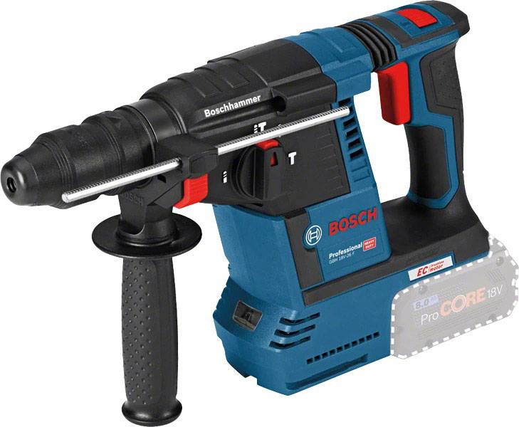 Modrý Bosch aku-vrtací kladivo s přídavnou rukojetí a upínáním SDS-Plus. Značení na straně ukazuje nápis 'Boschhammer'.