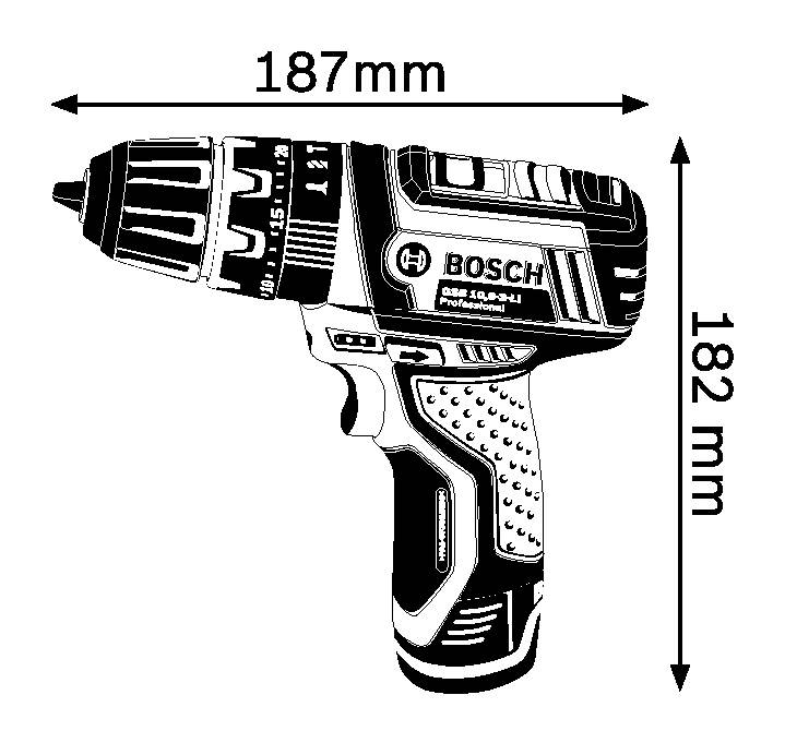 Akumulátorový šroubovák s rozměry 187 mm na délku a 182 mm na výšku, viditelné označení značky 'Bosch' a model 'DSR 10,8-2 LI'.