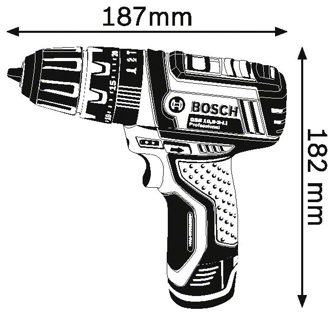 Obrázek akumulátorové vrtačky Bosch o délce 187 mm a výšce 182 mm.