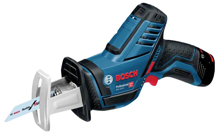 Modrá a černá akumulátorová pila Bosch s nápisem "Professional GST 12V-70" na boku, s viditelným řezným listem pro řezání.