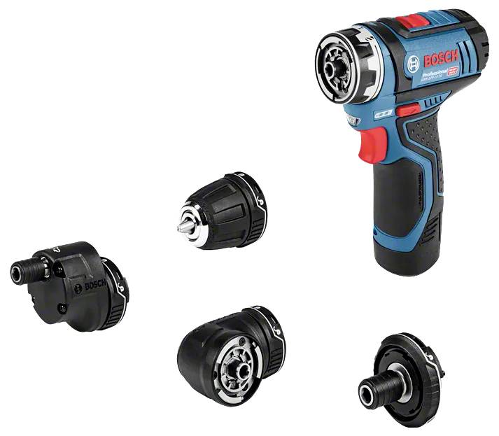 Vrtačka s modro-černým designem, doprovázená čtyřmi vyměnitelnými vrtacími nástavci, která ukazuje všestrannost použití.