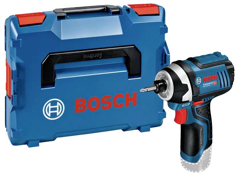 Modrá elektrická vrtačka s přepravním kufříkem. Kufřík i vrtačka nesou firemní logo 'Bosch'. Vrtačka je kompaktní, s viditelným vrtacím bitem.