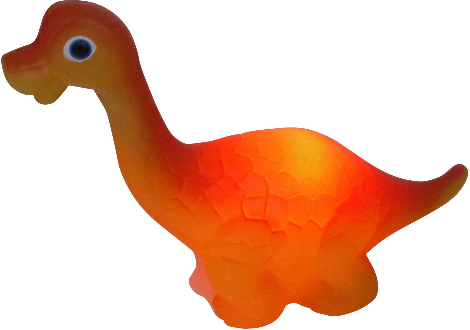 Gumová hračka dinosaura oranžové barvy s velkýma očima, která svítí.