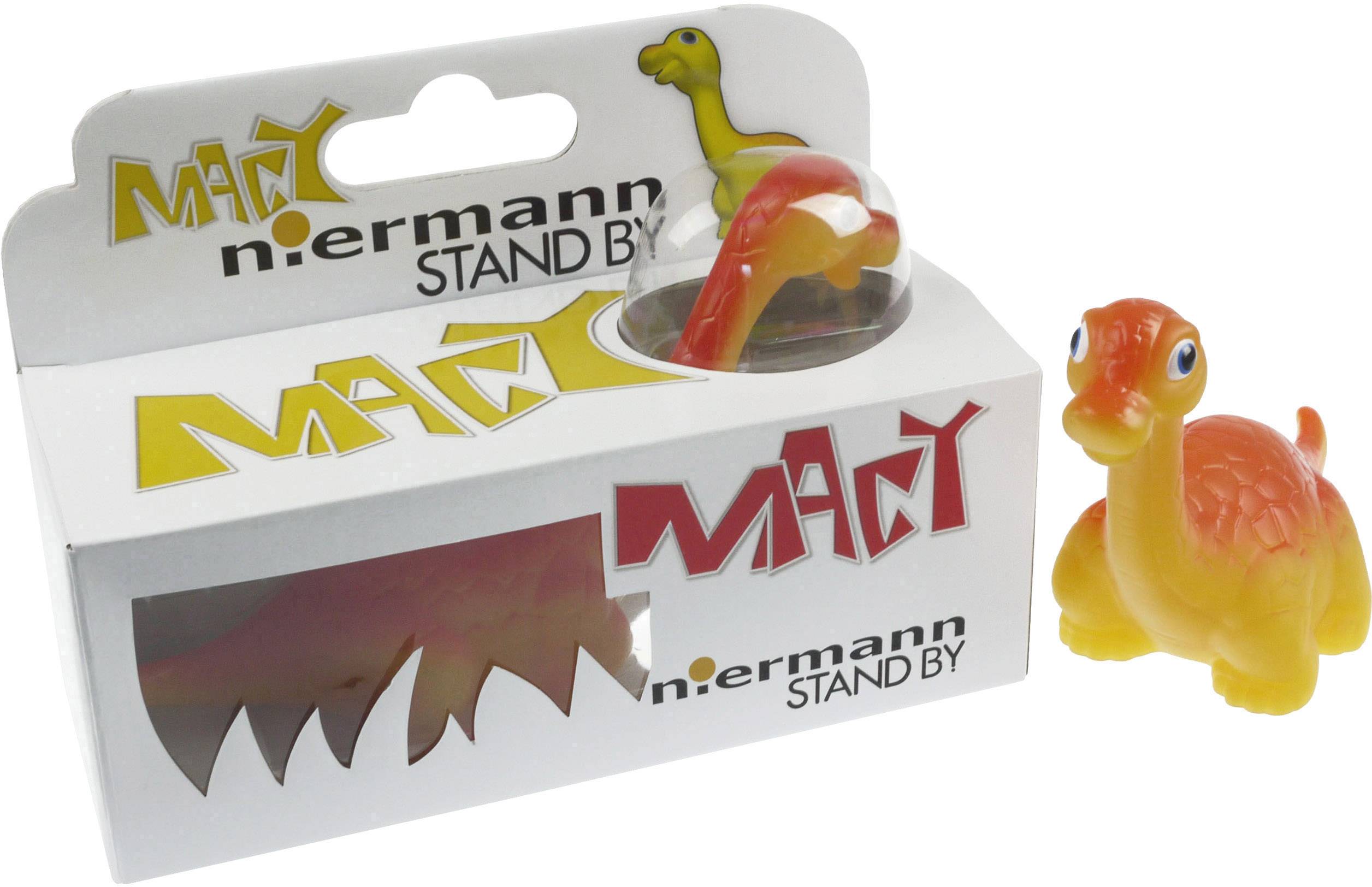 Malá hračka dinosaura v žluté a oranžové barvě stojí vedle obalu s nápisem 'n.ermann STAND BY'.