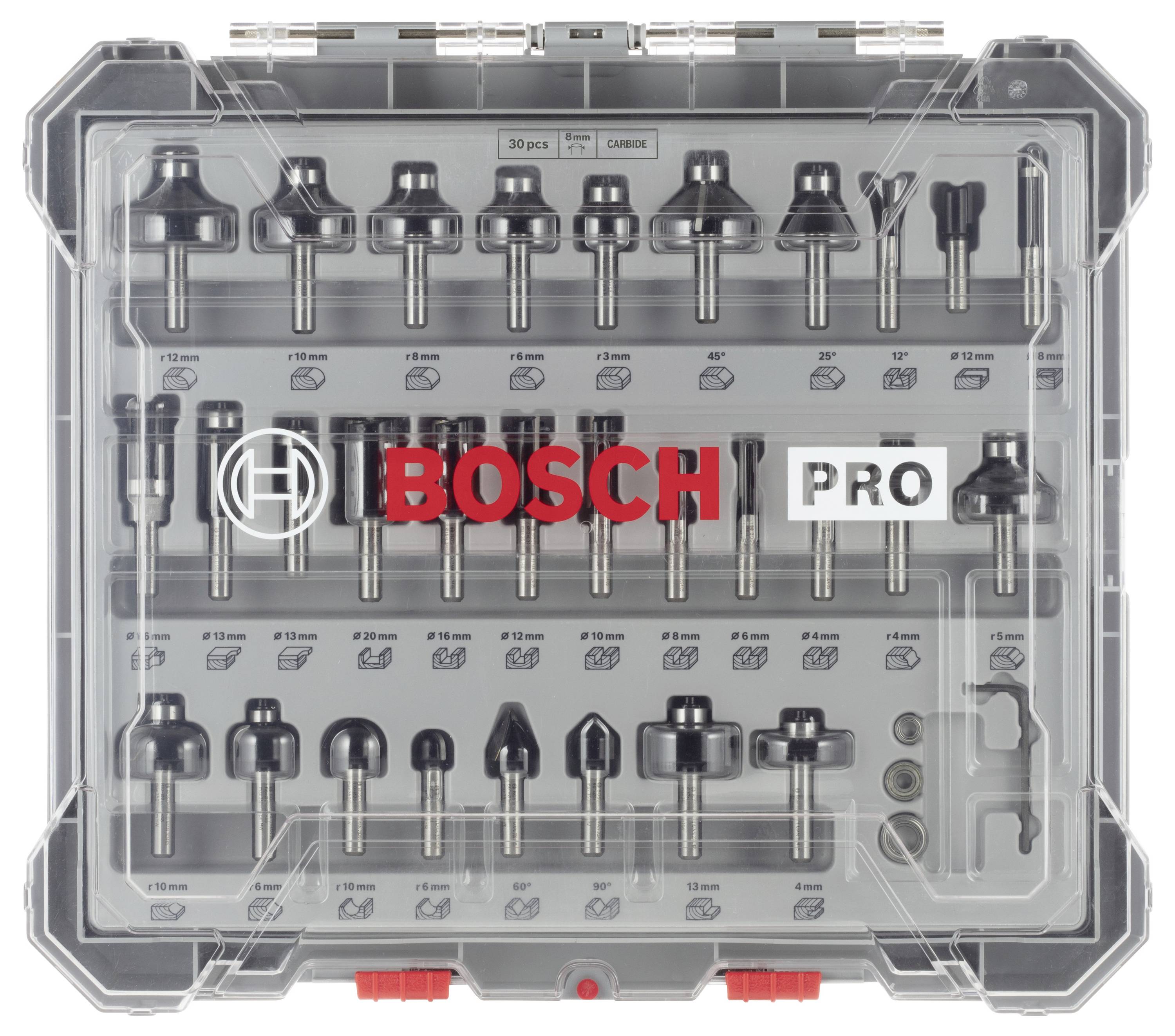 Bosch Pro frézovací sada s 30 různými frézovacími nástavci pro práci se dřevem. Nástavce jsou uspořádány v krabici.
