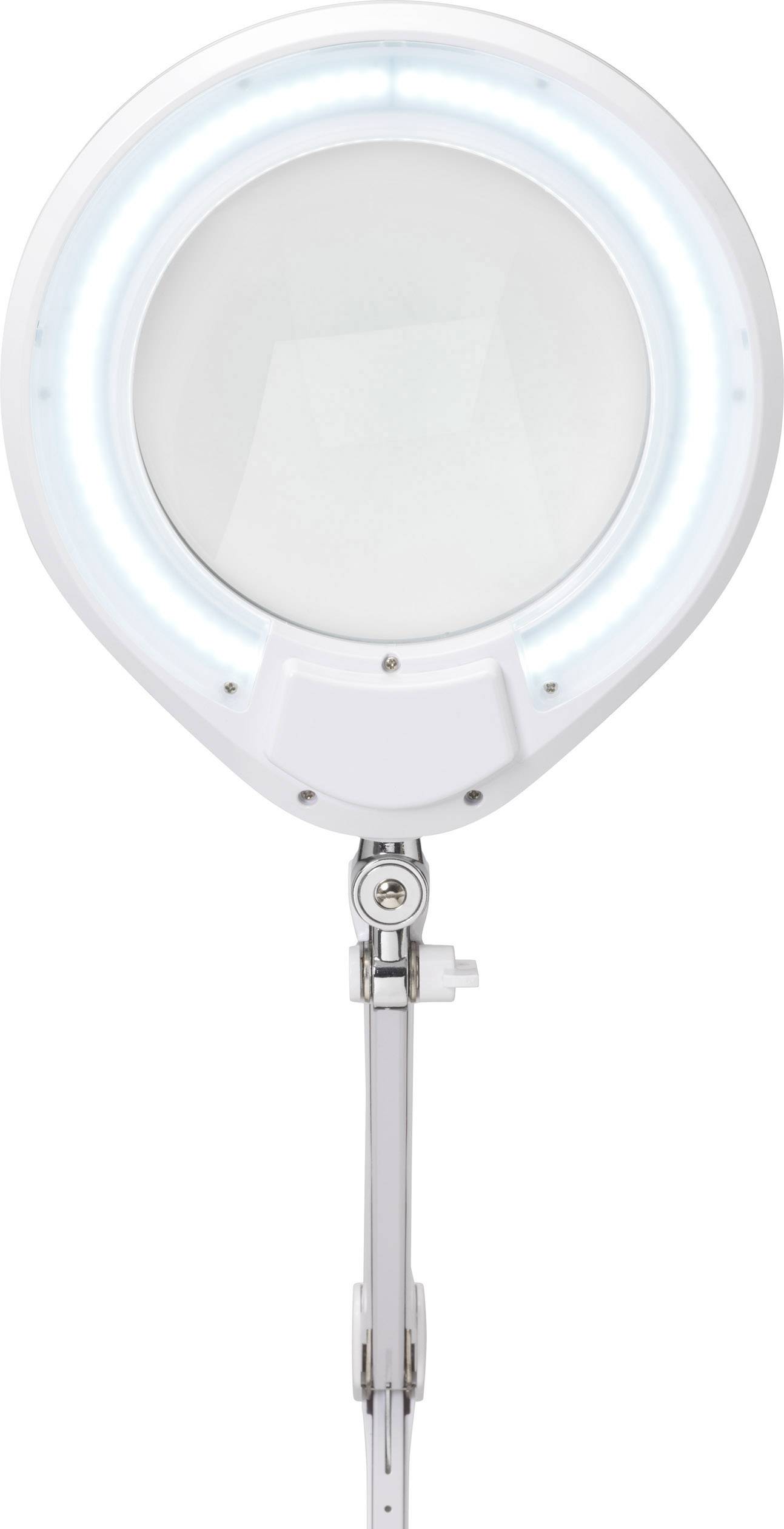 Kulatá bílá lupa s LED osvětlením, upevněná na kovovém rameni, používaná pro precizní detailní práce.