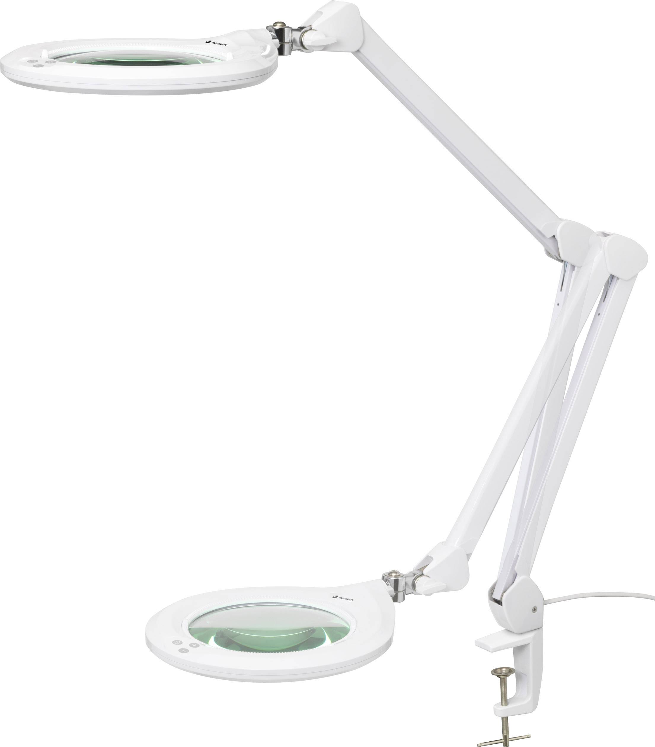 Bílá LED lupa s nastavitelným ramenem a stolní svorkou, ideální pro přesné práce nebo čtení za dobrého osvětlení.