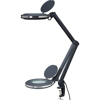 Černá lupová lampa s kloubovým ramenem a svorkou na stůl.