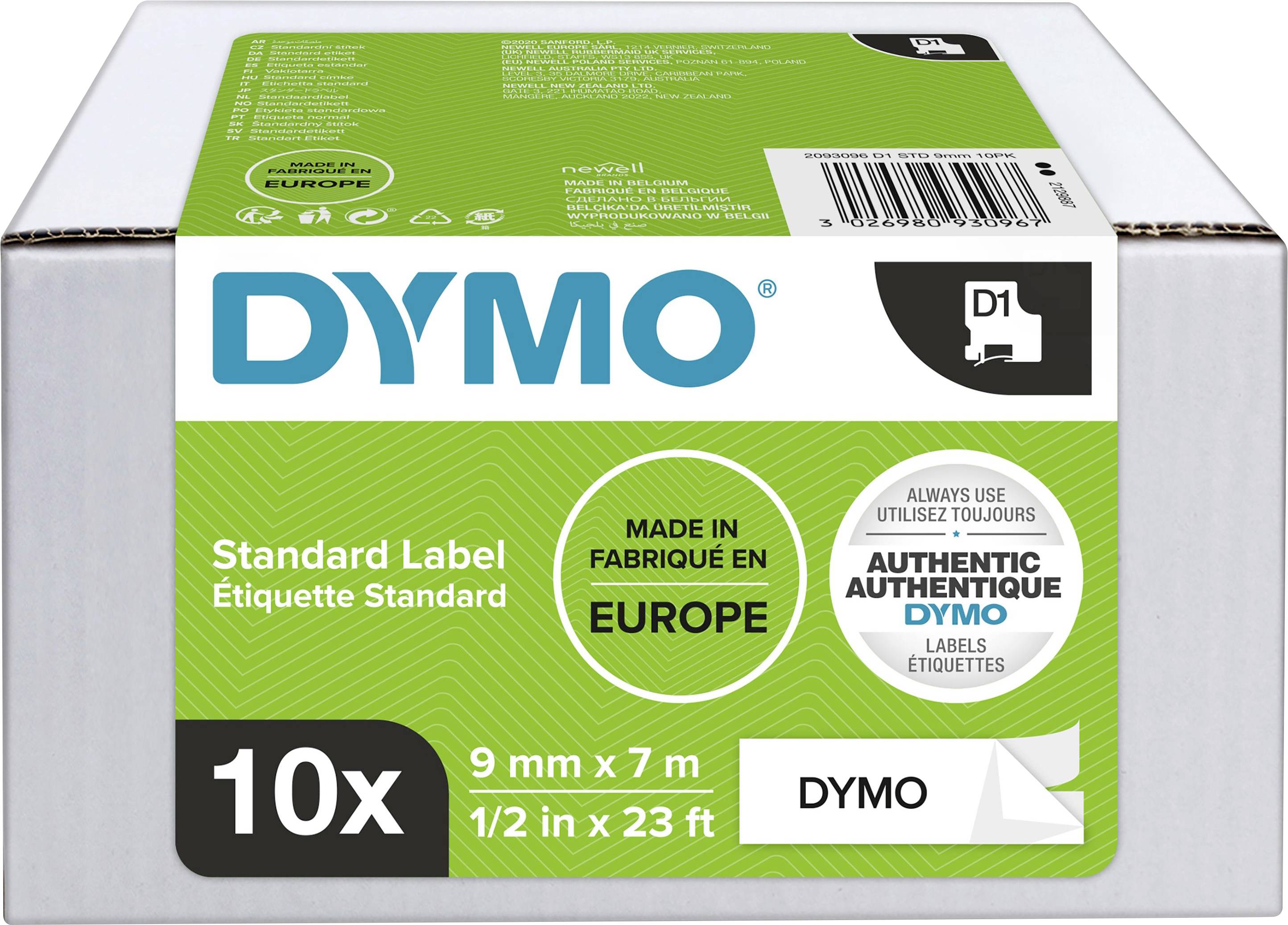 Krabice štítků 'DYMO', zeleno-bílá, obsahuje 10 rolí. Štítky: 9 mm x 7 m. Vyrobeno v Evropě.