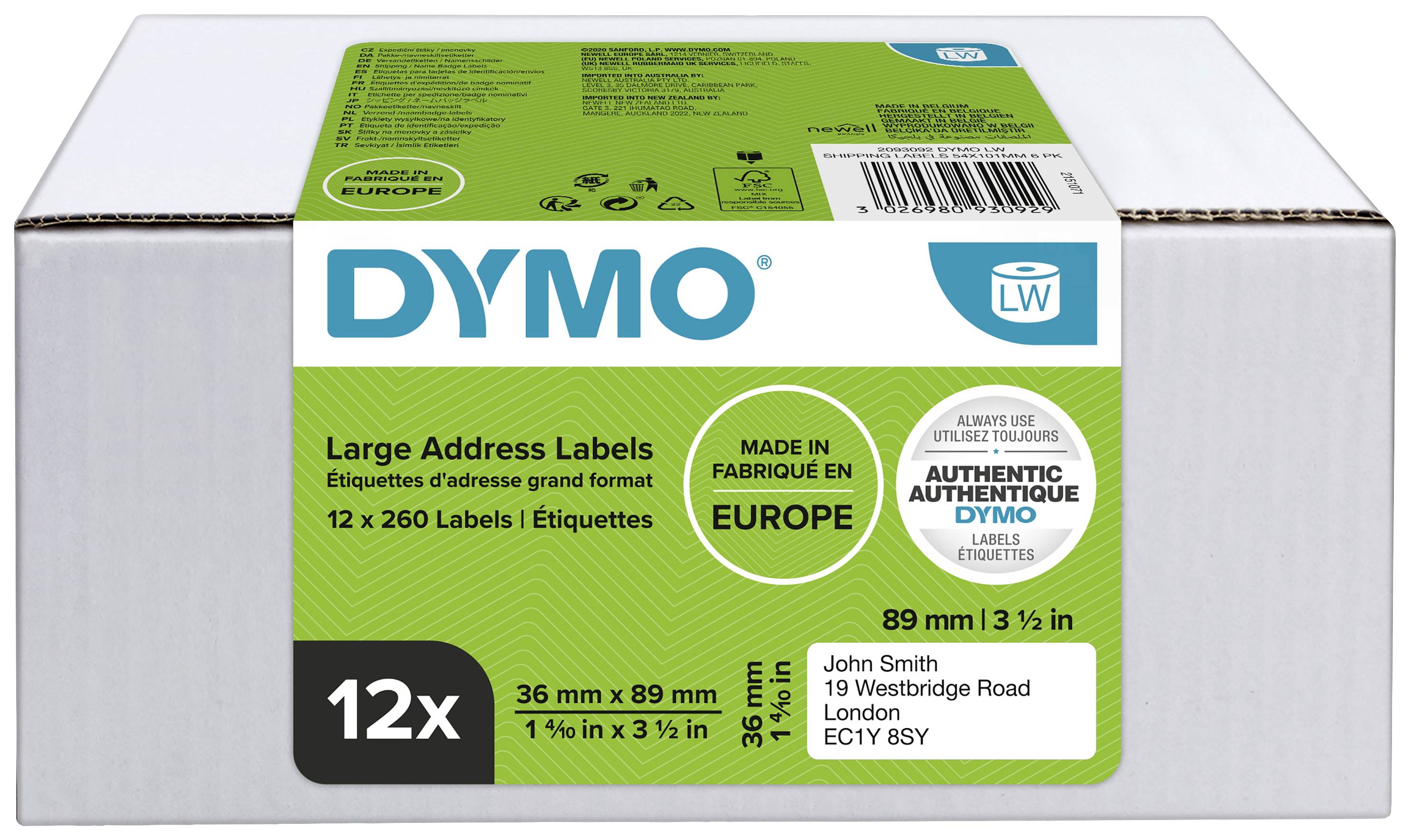 Krabice s Dymo etiketami: 'Velké adresní štítky', 12 rolí po 260 štítcích. Rozměr: 36 mm x 89 mm. Nápis: 'Vyrobeno v Evropě'.