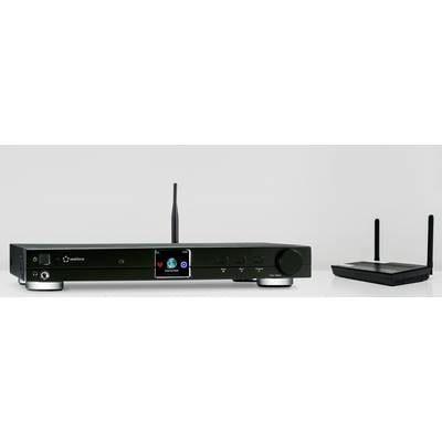 Černý stereo přijímač s anténou vlevo a malý WLAN router se dvěma anténami vpravo na bílém pozadí.