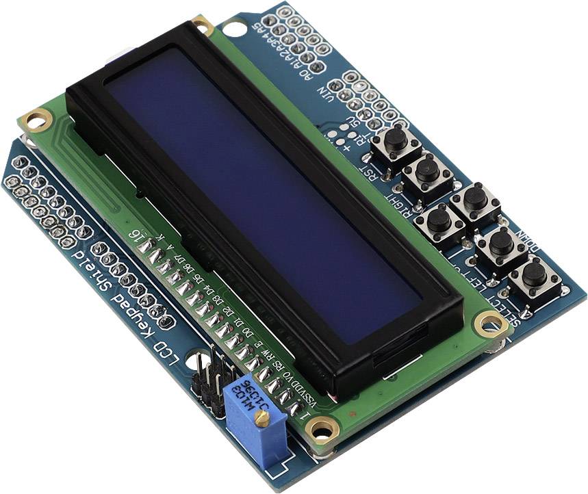 Arduinův shield s černým LCD displejem a několika tlačítky, vhodný pro elektronické projekty k zobrazování informací.