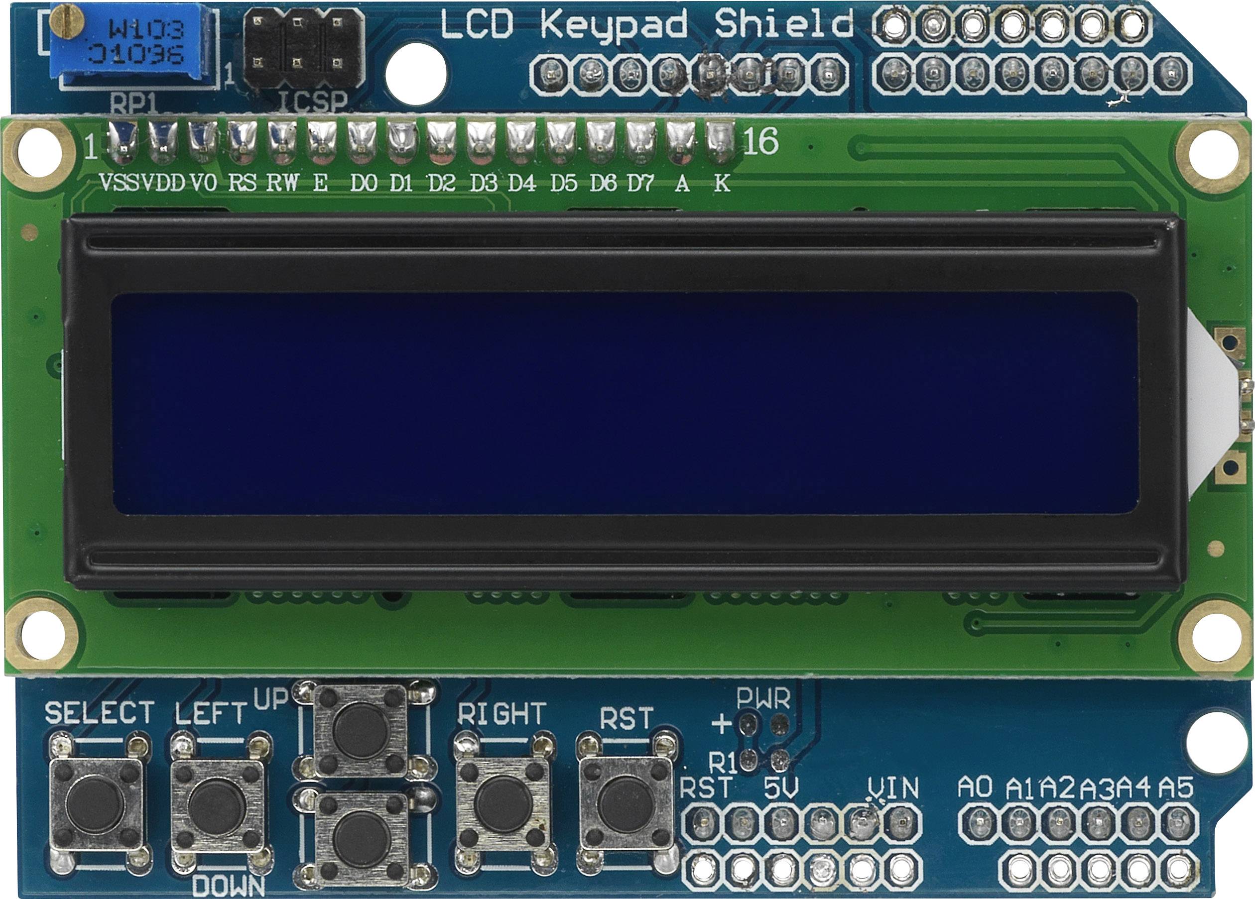 LCD klávesnicový shield s modrým displejem a několika tlačítky umístěnými pod ním. Používá se pro interakci s deskami Arduino.