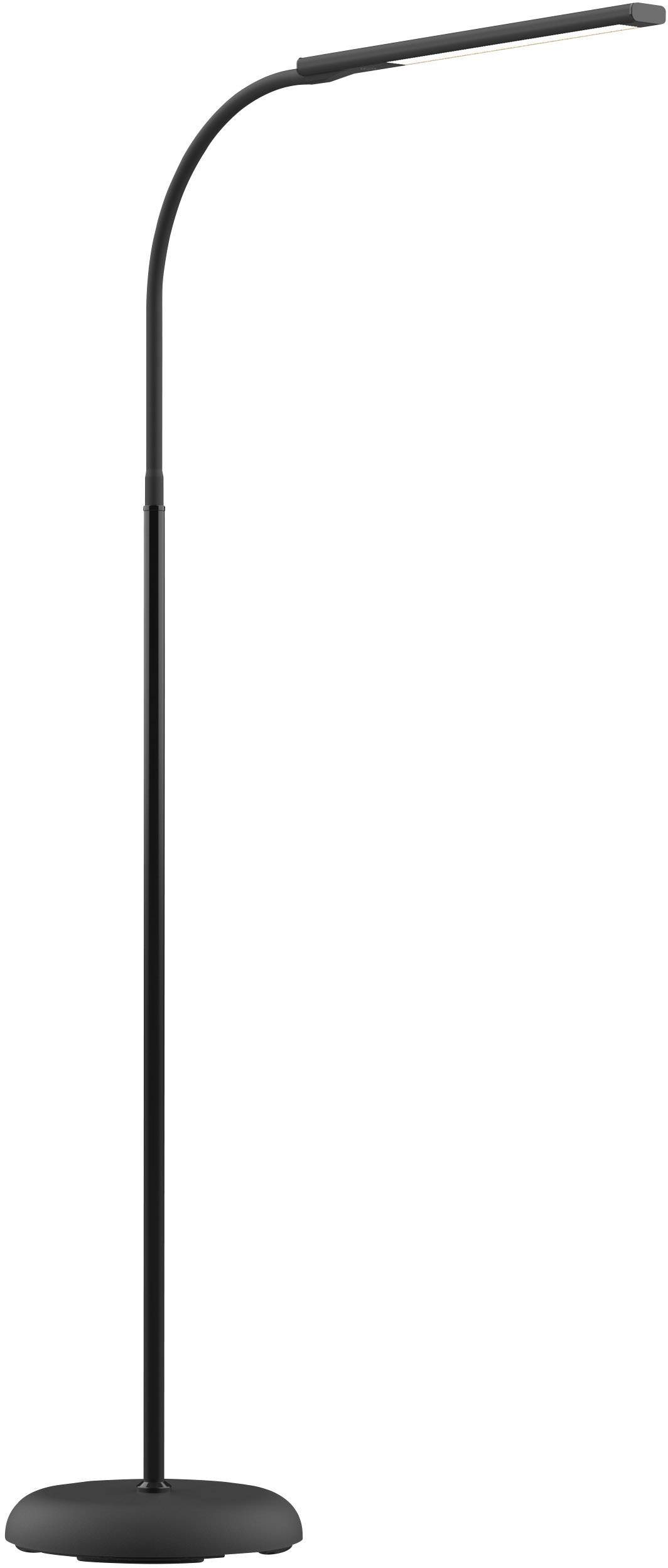 Stojací lampa s elegantním, zakřiveným ramenem a plochým, obdélníkovým stínidlem; moderní design v černém provedení.