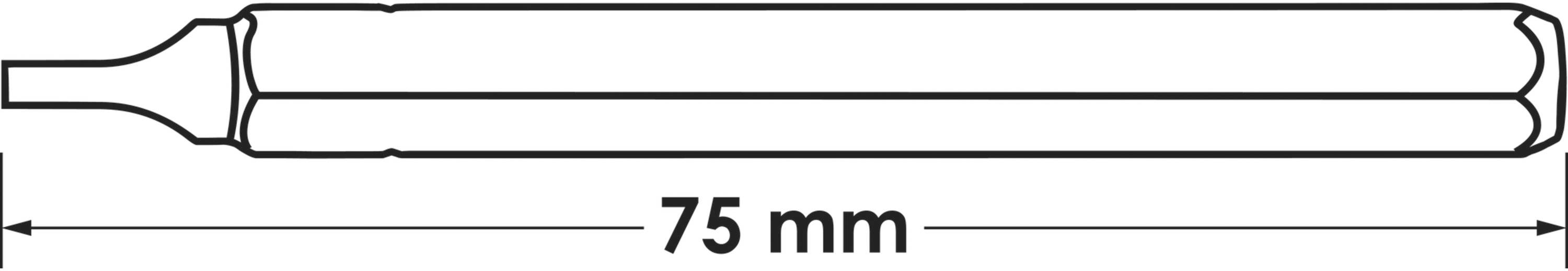 Technický výkres válcového předmětu s úzkým špičatým koncem a plochou základnou. Předmět je označen délkou '75 mm'.