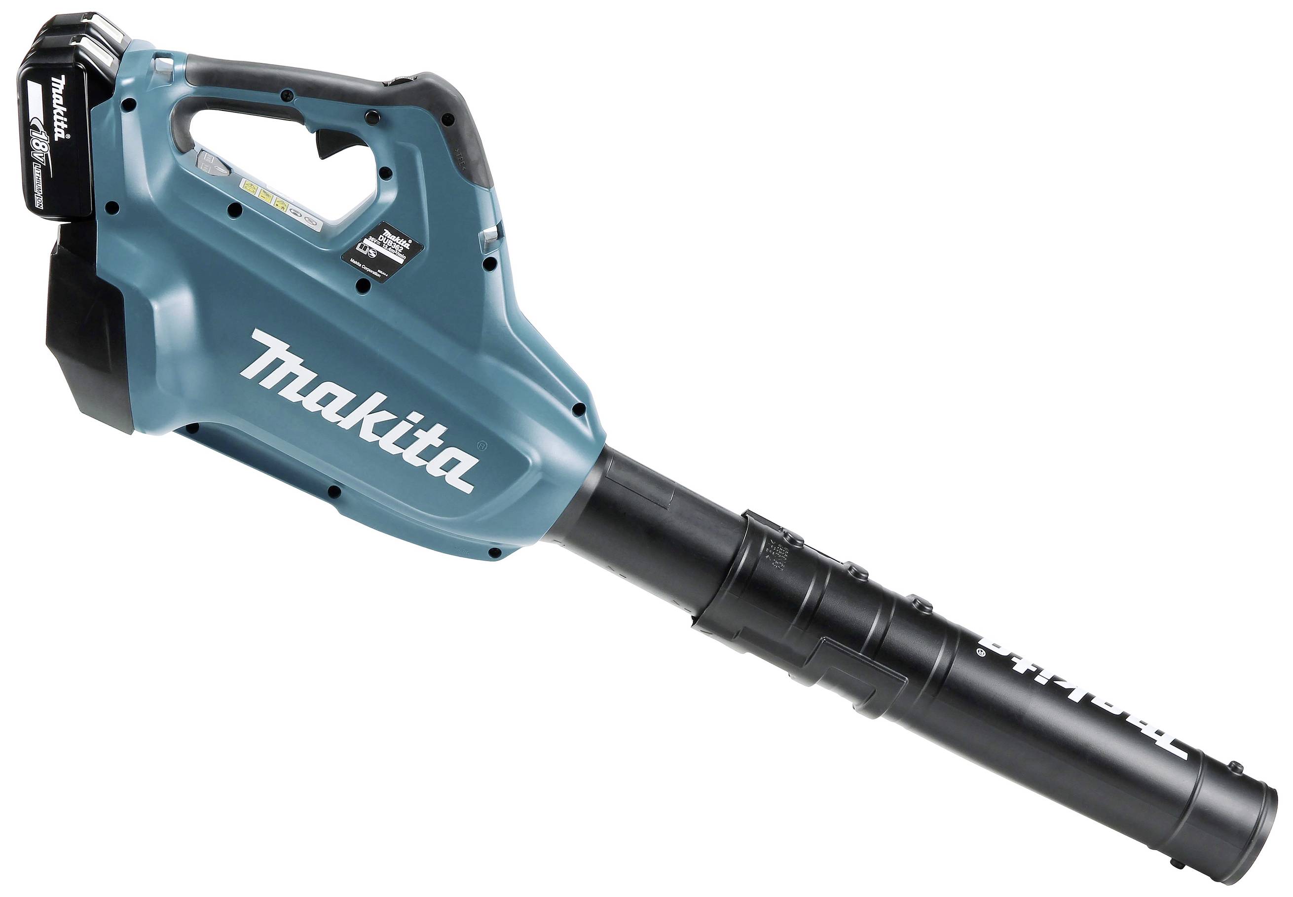 Modrý elektrický foukač listí s černou trubicí a baterií výrazně zobrazuje značku.