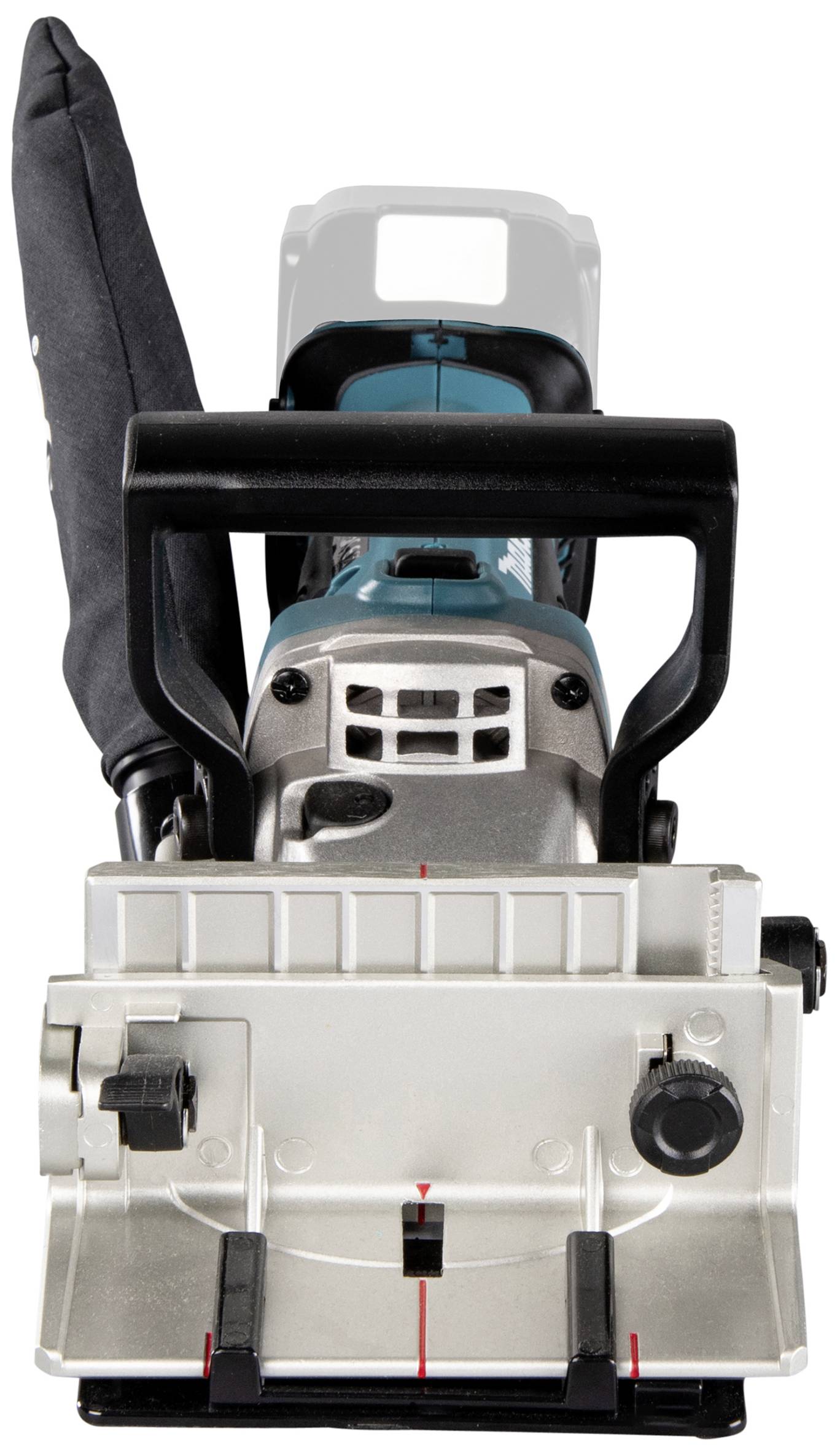 Elektrické nářadí, pohled zepředu. Přístroj s černou rukojetí a stříbrným tělem, pravděpodobně určený pro práci se dřevem.