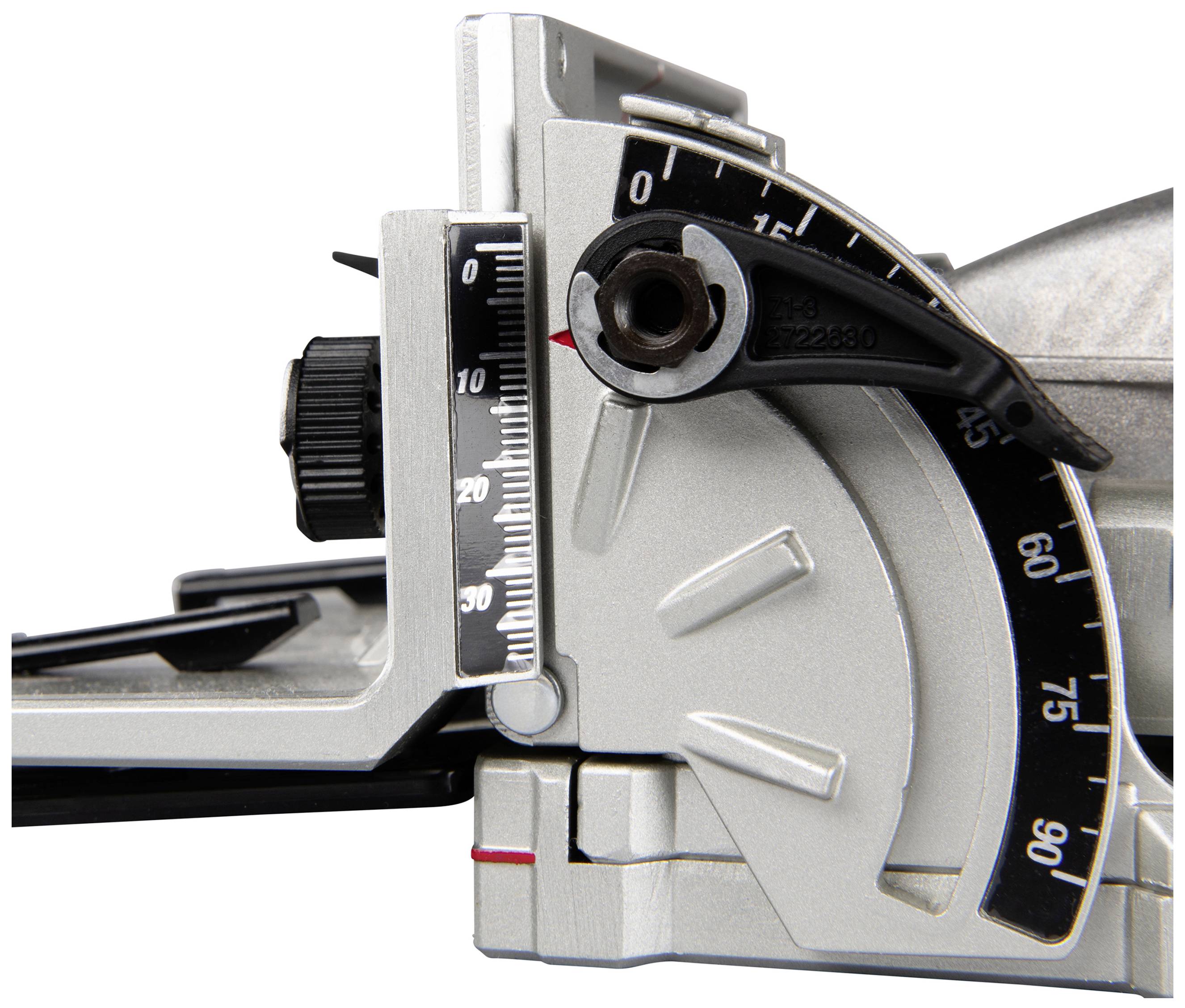 Detailní pohled na stříbrný úhlový nastavovací mechanismus se stupnicí od 0 do 50 stupňů; zobrazuje přesné měřítko a seřizovací prvky.