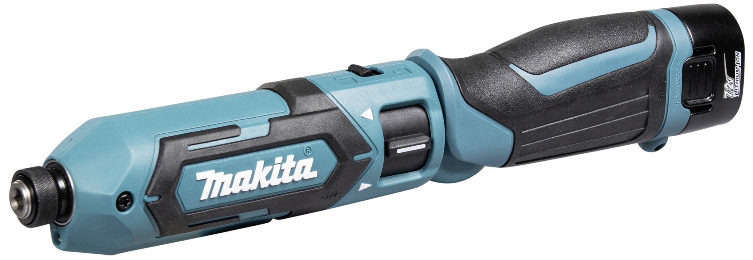 Akumulátorový šroubovák v modro-černém designu s logem 'Makita' na boku, ergonomickou rukojetí a nastavitelnou hlavou.