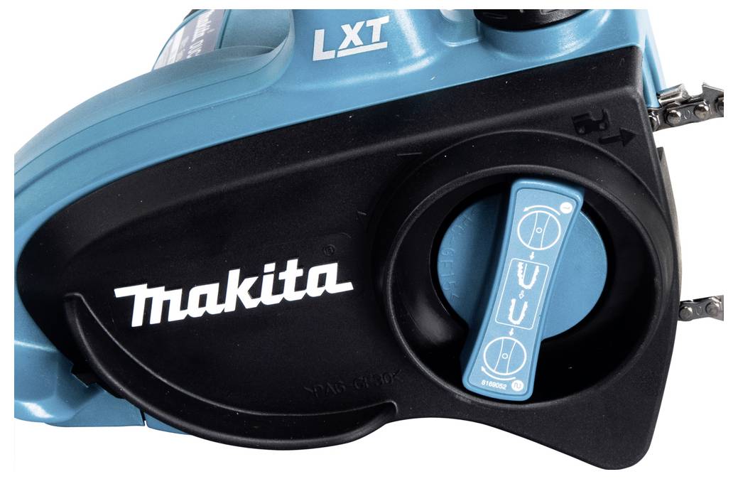 Modré a černé elektrické nářadí Makita LXT s kruhálním ovládacím kolečkem zobrazujícím ikony pro nastavení.