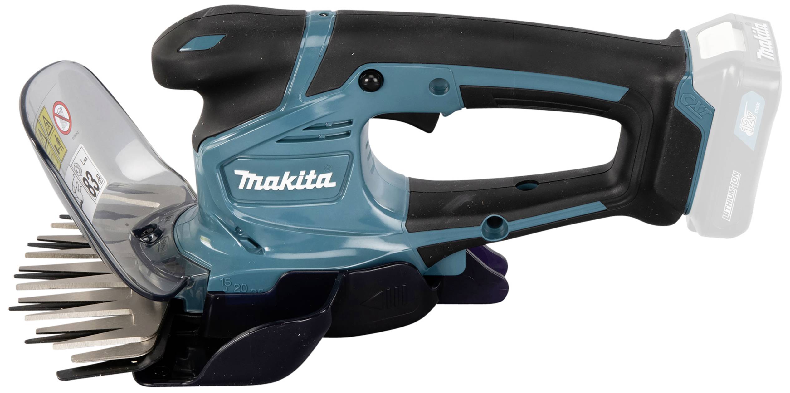 Elektrické nůžky na trávu a keře s modrým tělem a černou rukojetí. Ideální pro přesné stříhání v malých zahradách.
