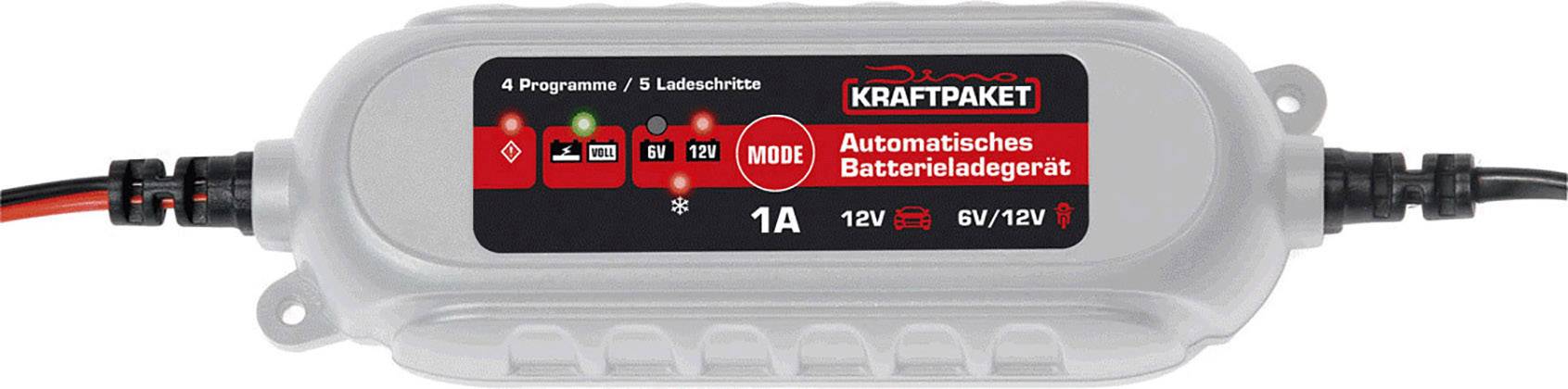 Automatická nabíječka baterií, 1A, kapacita 12V/6V, s LED indikátory a tlačítkem režimu. Průhledné pouzdro s kabelovými přípoji.
